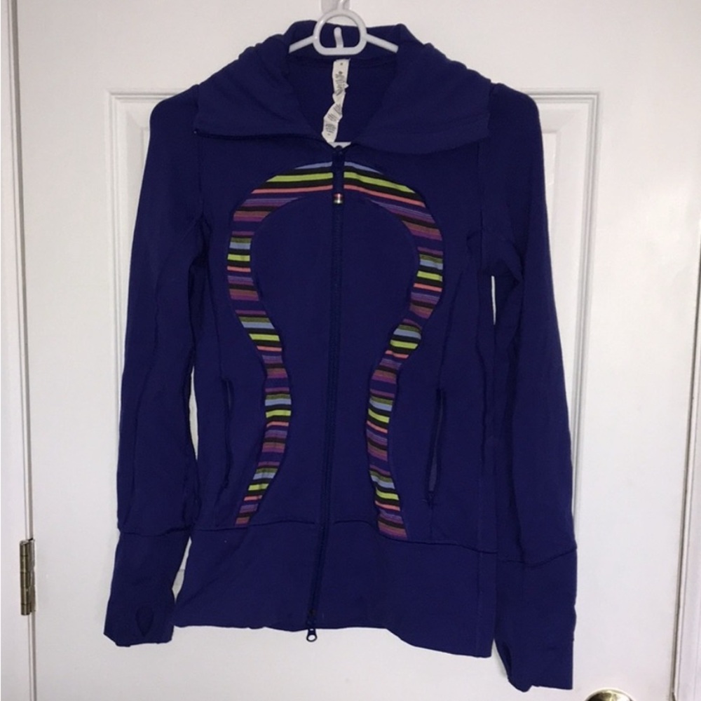 LULULEMON ATHLETICA Scuba Jacket, Navy w/ Colorful Stripes, Zipper, Size: 4, EUC